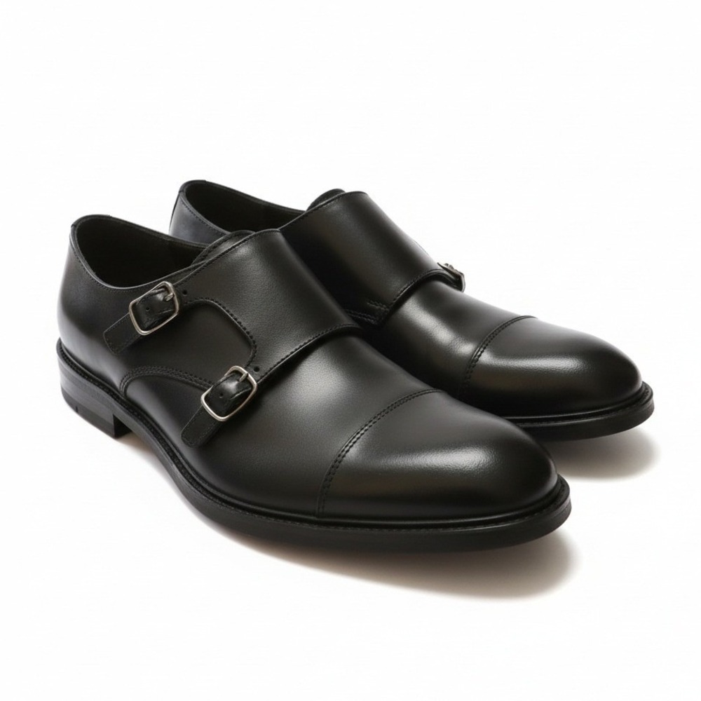 Bostonian Men's Black Leather Double Monk Strap Cap Toe Dress Shoes 10.5